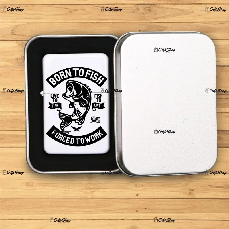 Born to fish forced to work, bricheta metalica gravata laser cu mesaj